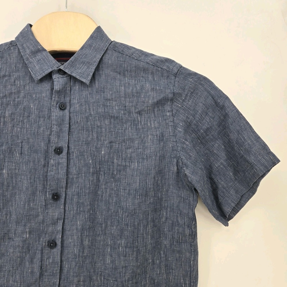 UNTUCKit Linen Shirt Men's Large Canon Blue Pinstripe Short Sleeve Cruise Resort